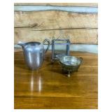 Metal Pitcher, Candle Lantern, and Footed Colander