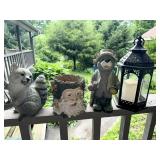 Garden Decor Lot With Lantern, Bear, and Sculpture