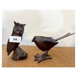 Wooden Owl and Metal Bird Figures
