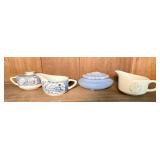 Creamers and Blue Ceramic Lidded Dish