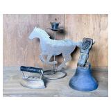 Iron Horse Figurine, Bell, and Flat Iron