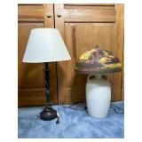 Two Table Lamps, One with Painted Glass Shade