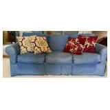 Denim Upholstered Sofa with Throw Pillows