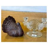 Cast Iron Turkey Figurine and Glass Candelabra