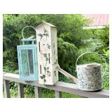 Decorative Metal Watering Can, Birdhouse, and Lant