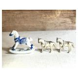 Porcelain Rocking Horse and Two Metal Horses
