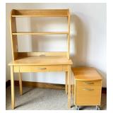 Light Wood Desk with Hutch and Rolling File Cabine
