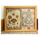 Framed Folk Art Textile Print With Wooden Frame