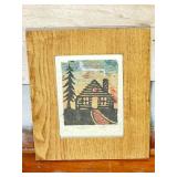 Woodblock Print of Cabin Scene in Wooden Frame