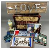 Wicker Basket With Books and Decorative Items