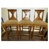 Three Wood Bar Stools with Upholstered Seats