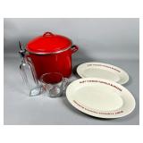 Red Enamel Pot, Plates, Measuring Cup, and Glass B