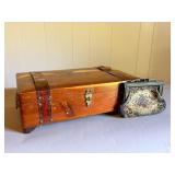 Wooden Jewelry Box With Mirror and Tapestry Purse