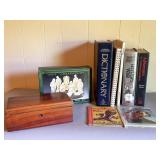 Books, Nativity Set, and Wooden Box