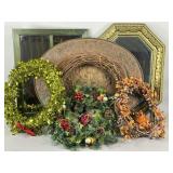 Decorative Wreaths, Mirrors, and Metal Tray