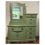 Green Painted Vanity with Mirror and Drawers