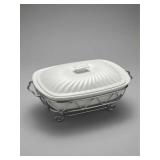 White Ceramic Covered Dish with Metal Stand
