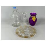 Glassware Including Bottles, Vase, and Plate