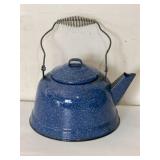 Blue Enamelware Teapot with Metal Handle