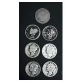 7 Mercury Dimes and 1 Barber Dime