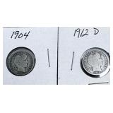 1904 and 1912-D Barber Dimes Pair