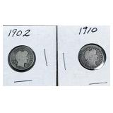 1902 and 1910 Barber Dime Coins