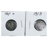 Barber Dimes 1907-O and 1913