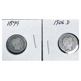 1899 and 1906-D Barber Dimes, Two Coins