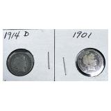 1914-D and 1901 Barber Dimes