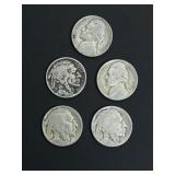 US Buffalo and Jefferson Nickels, 5 Pieces