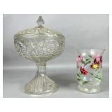 Pressed Glass Covered Compote and Floral Tumb