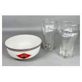 Coca-Cola Glasses and Ceramic Bowl Set