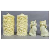 Two Floral Pillar Candles and Cat Salt and Pe