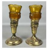 Amber Glass and Brass Candle Holders