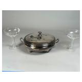 Silverplate Covered Serving Dish and 2 Glasses