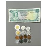 Bahamas $1 Banknote and 13 Canadian Coins