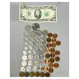 US $20 Bill, Quarters, Dimes, and Cents Lot