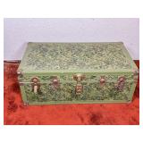 Green Fabric-Covered Metal-Bound Storage Trunk