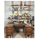 Wood Double Pedestal Desk and Workshop Contents