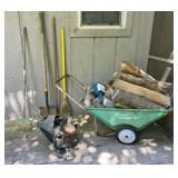 Outdoor Yard Tool Lot with Cart and Firewood