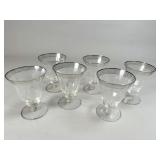 6 Clear Footed Glasses with Silver Bands