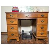 Wooden Desk with Brass Hardware, 9 Drawers