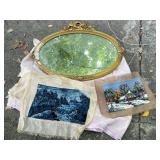 Ornate Oval Mirror and Two Needlepoint Panels