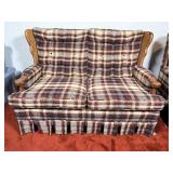 Plaid Upholstered Loveseat with Wood Arms