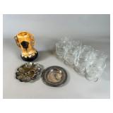 Lot: Eight Etched Glasses, Two Metal Dishes, Ceram