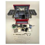 Red Jewelry Box with Empty Cases and Necklaces