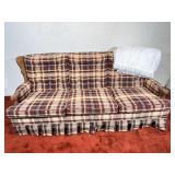 Plaid Upholstered Three-Seat Sofa with Wood Arms