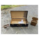 Trunk With Decals, Wooden Basket, and Stool