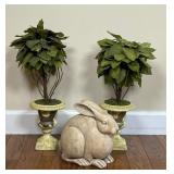 Pair Faux Topiary Trees and Rabbit Statue