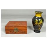 Carved Wood Jewelry Box and Painted Vase